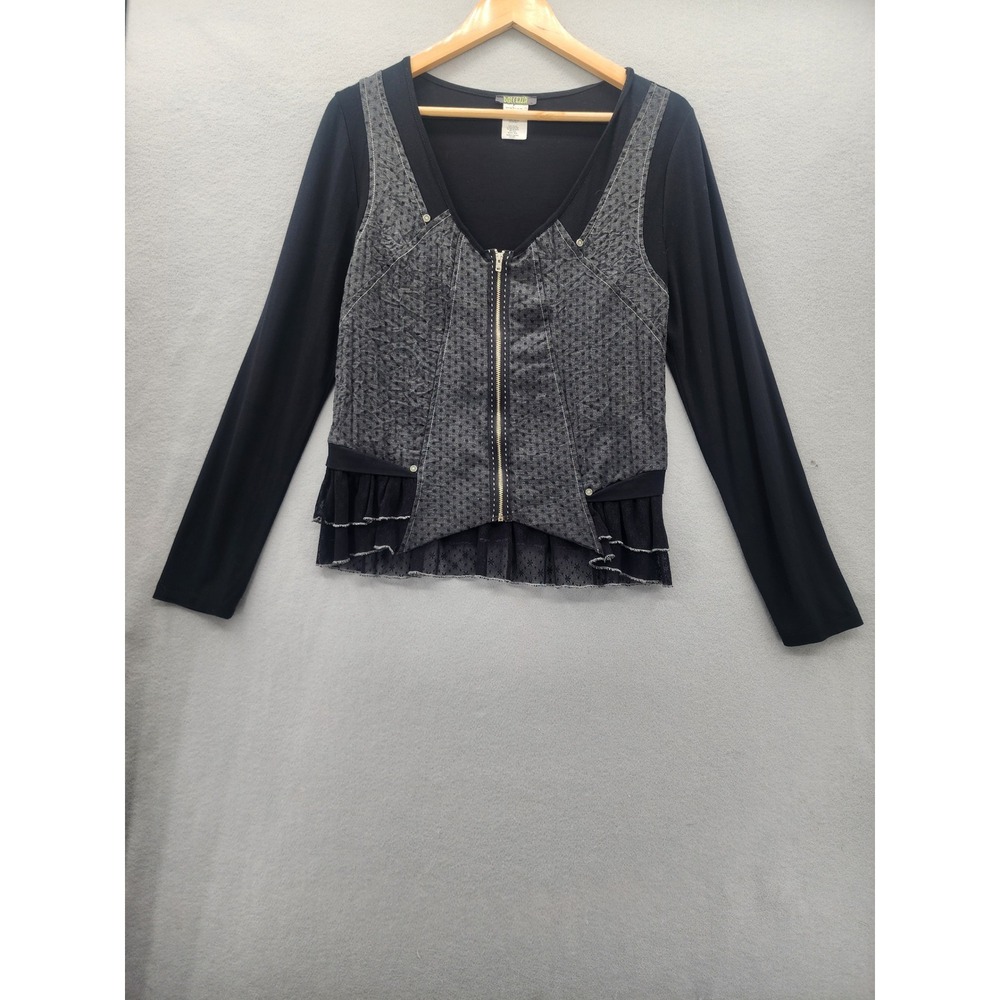 Dolcezza Michael Phillips Gray Polka Dot Zip Front Mixed Media Peplum Top Size M